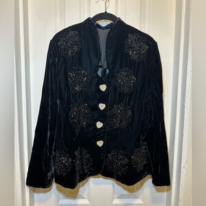 Vintage c.1930’s Black Silk Velvet Jacket Beaded Embroidery and Heart Buttons